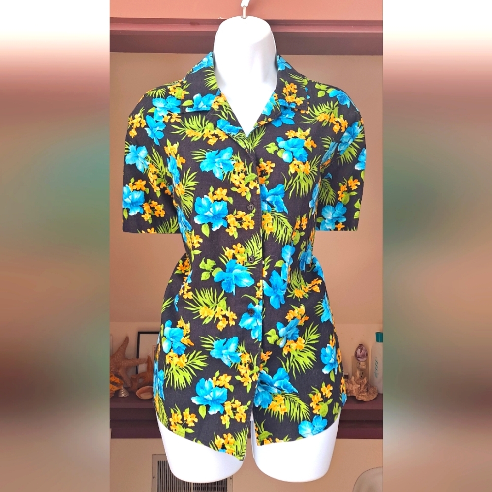 NWOT Jones New York Sport Hawaiian Cotton Linen Shirr Black Button Down Bermuda